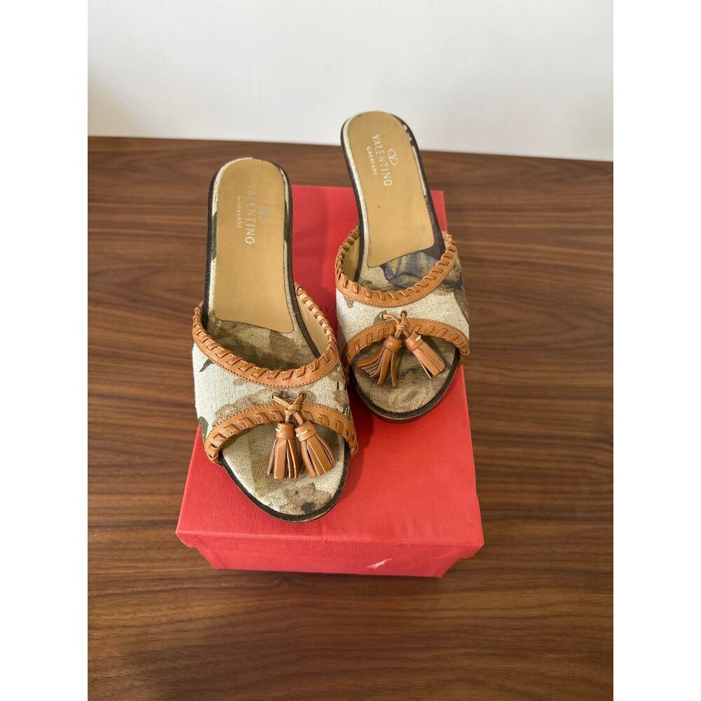 Vintage Valentino Tassel Slide Wooden Heels Braided Leather and Canvas Size 10